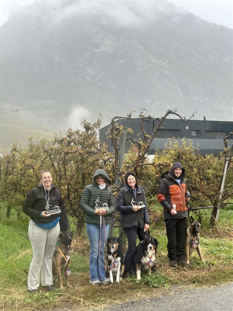 Les quatre membres du club avec leurs chiens, trophées et médailles, au Championnat Romand 2026 à Leytron